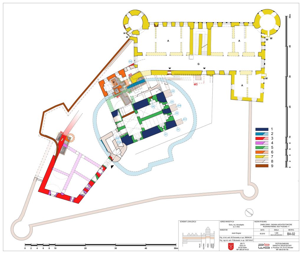 ŚWINY, Plan całości zamku na poziomie 2 kondygnacji: 1 – donżon z 1 ćwierci XIV w., 2 – mur obronny z pocz. XV w., 3 – mur obronny średniego zamku z XV w., 4 – dom zamkowy z 2 poł. XV w., 5 – piwnica donżonu i kuchnia z 1 poł. XVI w., 6 – 2 poł. XVI w., 7 – pałac z 1615-1625, 8 – wieża schodowa donżonu 1615-1625, 9 – renowacja XX w. (Chorowska, Błoniewski 2016a