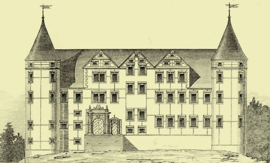 ŚWINY, Fasada pałacu pokryta sgraffitem typu ramowego, rys C. Moritz (DB Burg Schweinhaus 1887, s. 63)