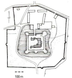 WITOSTOWICE, szkicowy plan sytuacyjny zamku z folwarkiem z trzema obwodami umocnień, (wg Kwaśniewski 2005, s. 138)