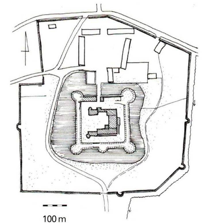 WITOSTOWICE, szkicowy plan sytuacyjny zamku z folwarkiem z trzema obwodami umocnień, (wg Kwaśniewski 2005, s. 138)
