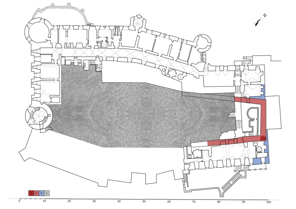KSIĄŻ, rzut piwnic (kondygnacja –1) z rozwarstwieniem chronologicznym murów w obrębie barokowego traktu frontowego: 1 – zachowany mur z ok. 1300 r., 2 – rekonstruowany przebieg muru, 5 – mury z XVII–XVIII w., 6 – skała (na podstawie inwentaryzacji z 1961 r., oprac. M. Chorowska, rys. M. Noszczyk)