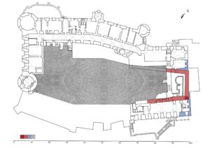 KSIĄŻ, rzut piwnic (kondygnacja –1) z rozwarstwieniem chronologicznym murów w obrębie barokowego traktu frontowego: 1 – zachowany mur z ok. 1300 r., 2 – rekonstruowany przebieg muru, 5 – mury z XVII–XVIII w., 6 – skała (na podstawie inwentaryzacji z 1961 r., oprac. M. Chorowska, rys. M. Noszczyk)