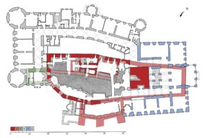KSIĄŻ, rzut obecnego I piętra (kondygnacja 2) z rozwarstwieniem chronologicznym murów: 1 – zachowane mury z ok. 1300 r., 2 – rekonstruowany przebieg murów z ok. 1300 r., 3 – zachowane mury z lat 1580–1650, 4 – rekonstruowane mury z lat 1580–1650, 5 – mury z XVII–XVIII w., 6 – mury z lat 1860–1945 (na podstawie inwentaryzacji z 1961 r., oprac. M. Chorowska, rys. M. Noszczyk)
