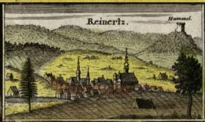 HOMOLE, zamek na rycinie F. B. Wernera z ok. 1760 r., forma przedstawionej wieży sugeruje, że mogła to być tzw. wieża z dziobem (Biblioteka Uniwersytecka we Wrocławiu)