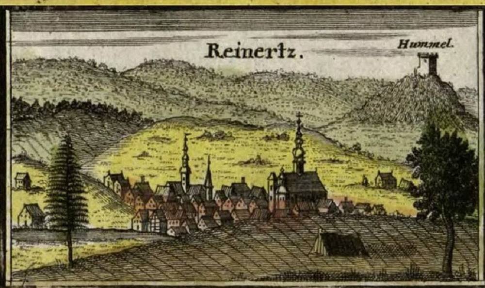 HOMOLE, zamek na rycinie F. B. Wernera z ok. 1760 r., forma przedstawionej wieży sugeruje, że mogła to być tzw. wieża z dziobem (Biblioteka Uniwersytecka we Wrocławiu)