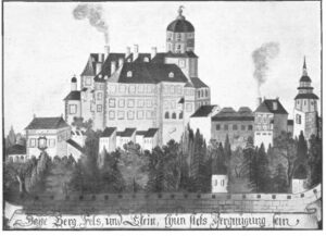 KSIĄŻ, wyobrażenie zamku przed pożarem w 1694 r., akwarela na pergaminie (za Zivier 1909, s. 26)