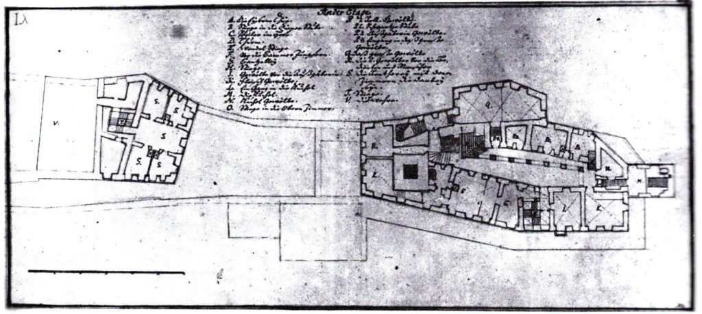 KSIĄŻ, niedatowany plan przyziemia zamków górnego i średniego, według Grundmanna z 1719 r. (Grundmann 1982, il. 206)