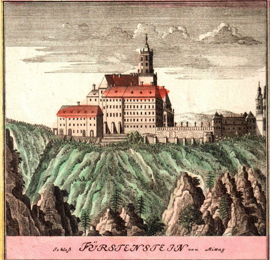 KSIĄŻ, zamek od południa, akwaforta kolorowana według F. B. Wernera z 1738 r. (zbiory Piotra Siemki)