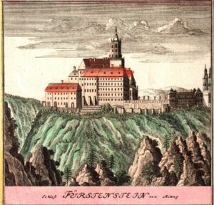 KSIĄŻ, zamek od południa, akwaforta kolorowana według F. B. Wernera z 1738 r. (zbiory Piotra Siemki)
