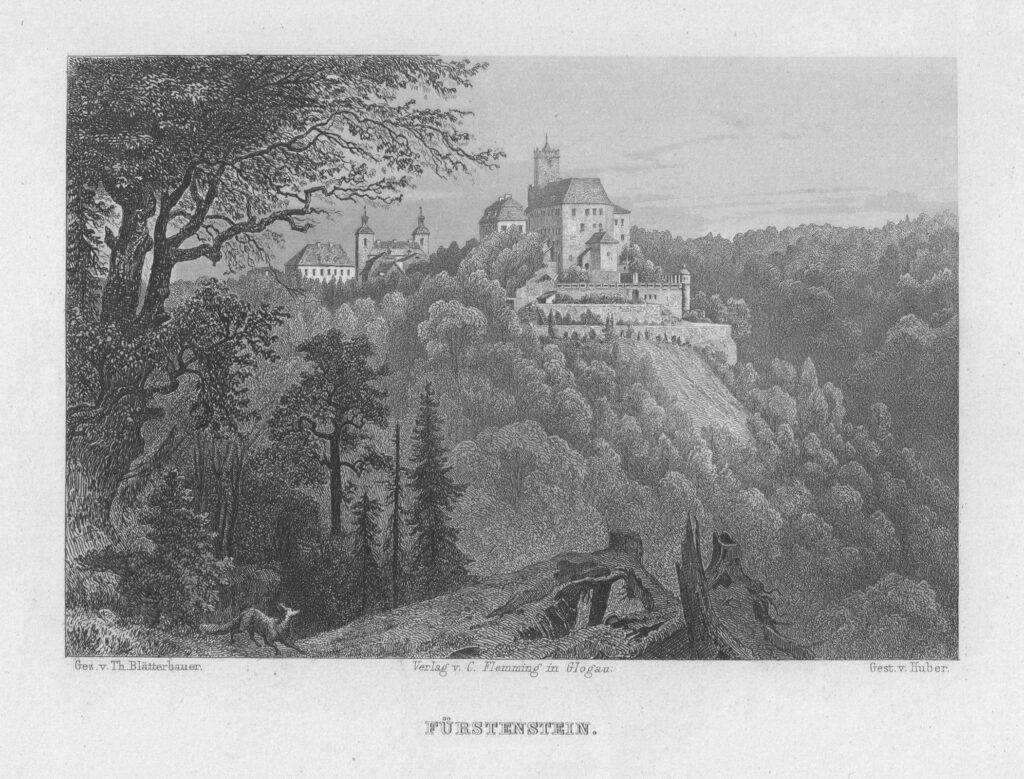 KSIĄŻ, zamek od zachodu, staloryt Hubera według rysunku Th. Blätterbauera, wyd. Carl Flemming (Schroller 1885–1889, zbiory Piotra Siemki)