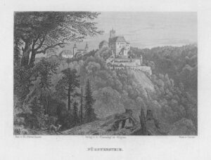KSIĄŻ, zamek od zachodu, staloryt Hubera według rysunku Th. Blätterbauera, wyd. Carl Flemming (Schroller 1885–1889, zbiory Piotra Siemki)