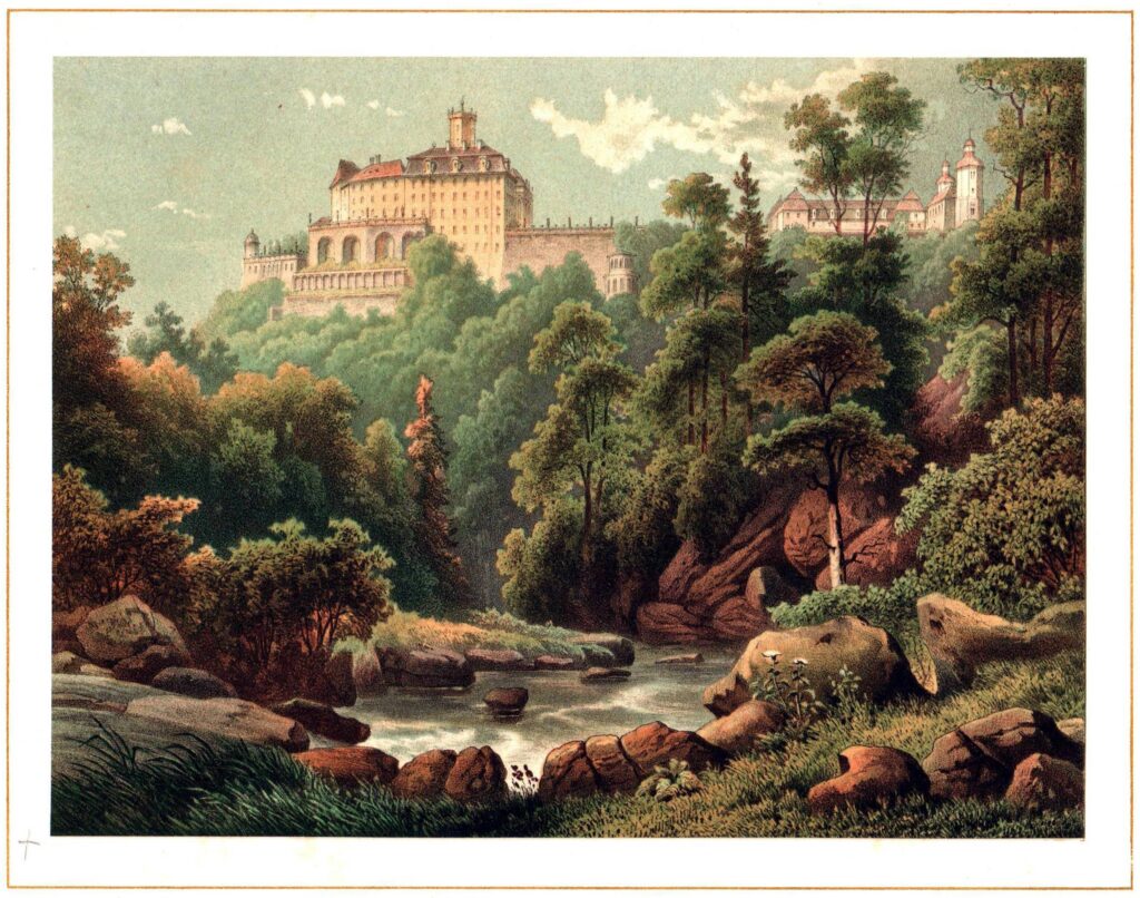 KSIĄŻ, zamek na litografii barwnej z lat 1865–1866 (Duncker 8, zbiory Piotra Siemki)