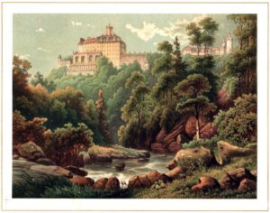 KSIĄŻ, zamek na litografii barwnej z lat 1865–1866 (Duncker 8, zbiory Piotra Siemki)